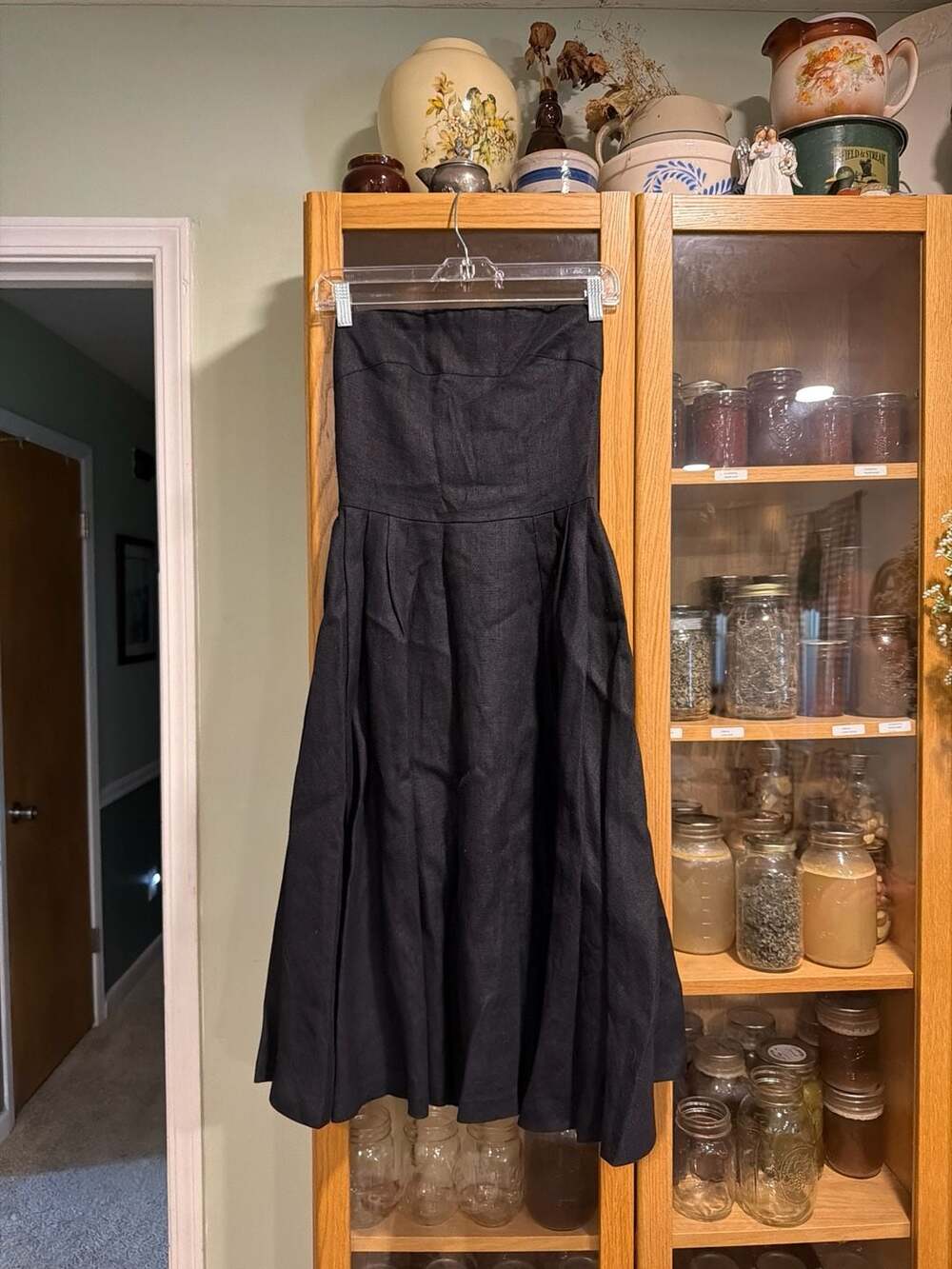 Vintage Cathy Hardwick 100% Linen Strapless Midi Dress with Back Button Detail